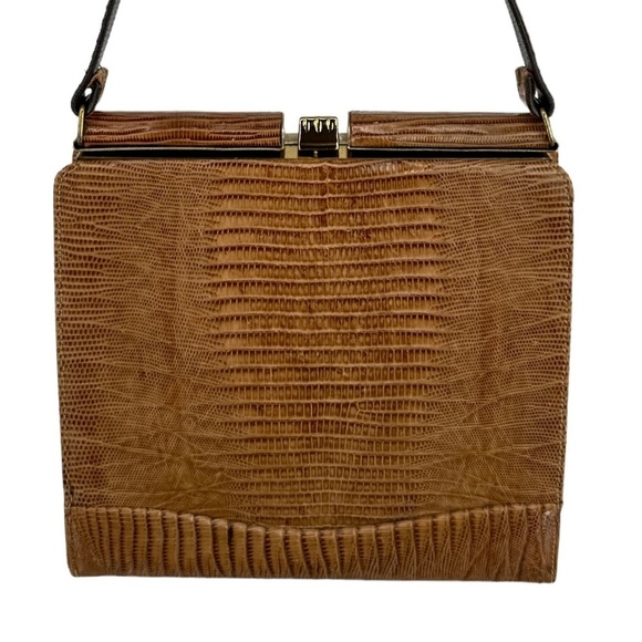 Vintage Handbags - Vintage 1950s 1960s Reptile Skin Top Handle Structured Frame Purse Mad Men Era